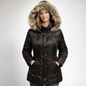 Guess Black Satin Down & Feather Puffer‎ Coat Medium Removable Hood